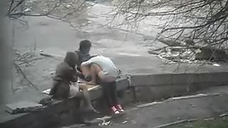 Horny nymph watching passionate couple porking hard in public