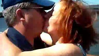 Wife fuck-fest outdoors with two dock employees who pummel her against fence