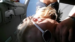 Slut sucks man meat in car