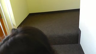 Super-steamy dark-haired getting cum all over her tits after being ass-fucked on the stairs