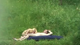 Adorable light-haired giving her balding paramour oral and total sex outdoors